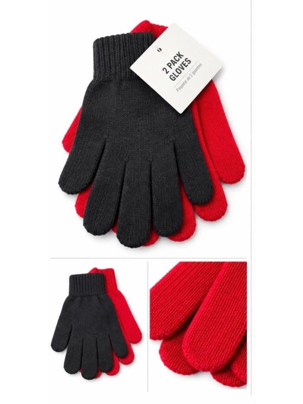 2 Pack Black and Red Knit Winter Gloves with Ribbed Cuffs